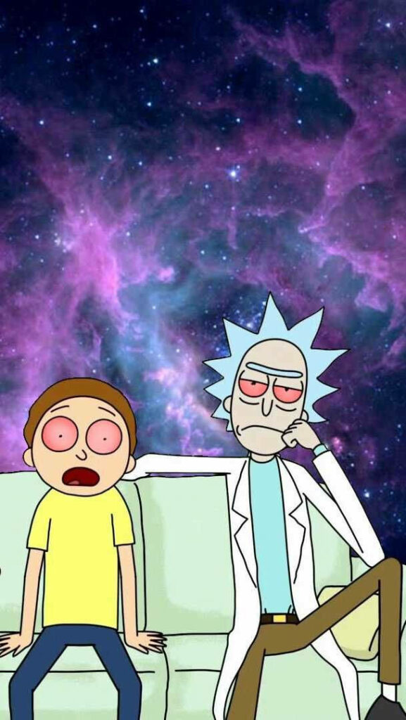 Blazing Duo: Rick and Morty Embrace their High Times in Cannabis Oasis Wallpaper