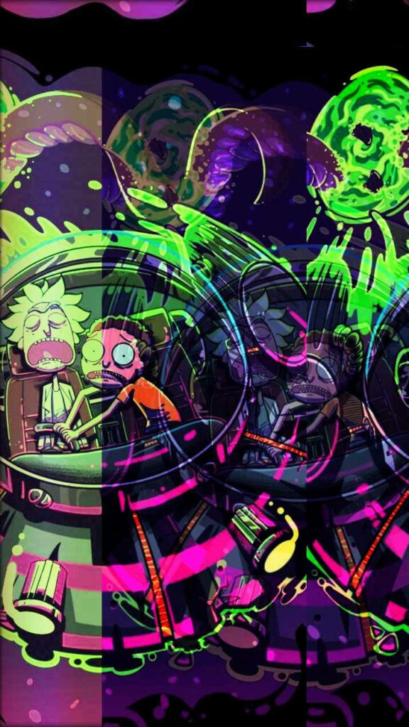 Psychedelic Adventures: Rick and Morty Explore the Cosmos in a Trippy Spaceship Wallpaper