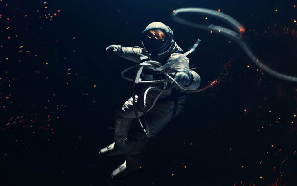 Galactic Connections: A Space Odyssey HD Wallpaper Featuring an Astronaut Holding Cable in a Spacesuit - Digital Art at its Finest