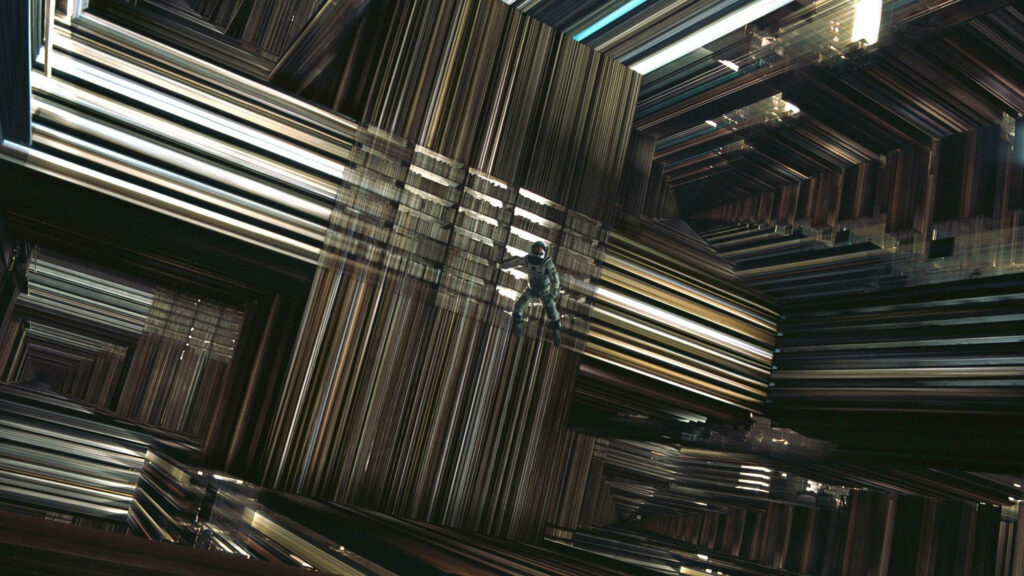 Interstellar astronaut exploring glowing tesseract with infinite geometric lines and space patterns Wallpaper