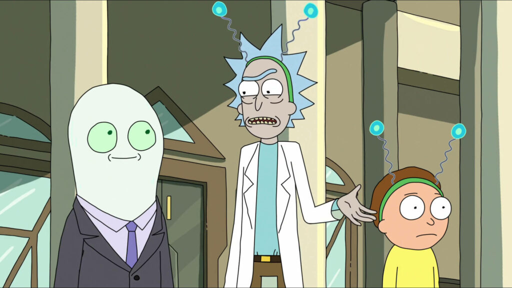 Interdimensional Encounter: Rick and Morty's Awkward Encounter with a Mysterious Alien Entity Wallpaper
