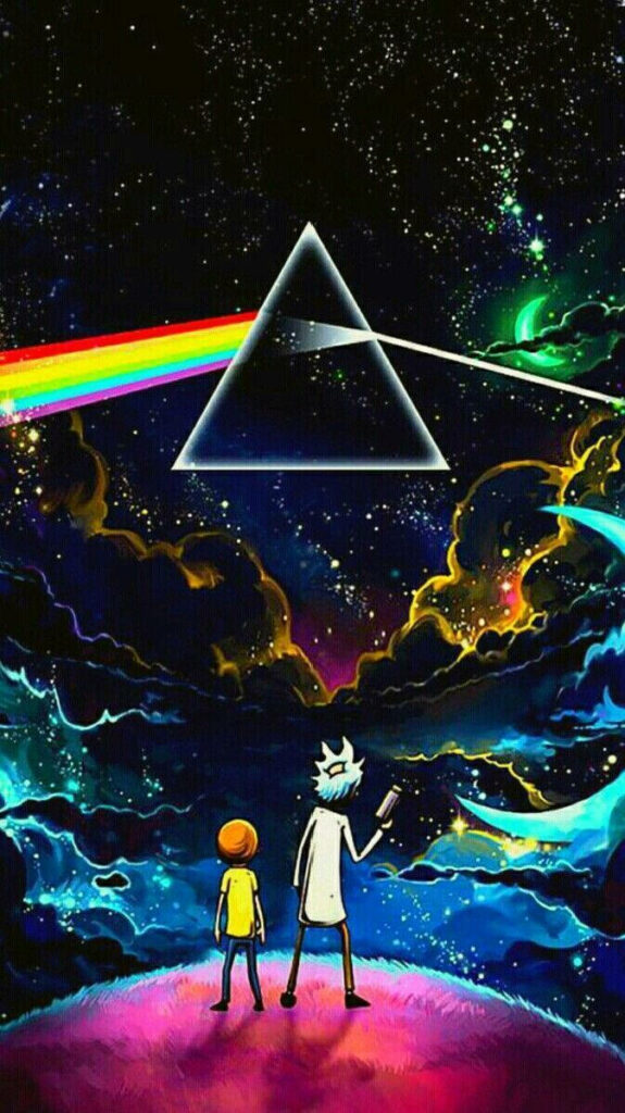 Interdimensional Voyage under a Celestial Kaleidoscope: A Rick and Morty Adventure amidst a Psychedelic Night Sky Wallpaper