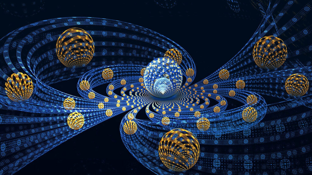 Enchanting 3D Fractal Spheres Dancing amidst Celestial Gravitational Forces in a Vast Obsidian Expanse Wallpaper