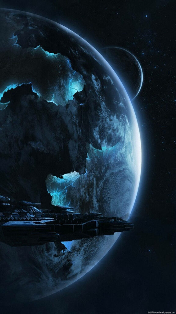 Space Odyssey: Mesmerizing 4k Earth Illustration Capturing a Spaceship's Hypnotic Blue Glow amidst Lens Flare Enchantment Wallpaper