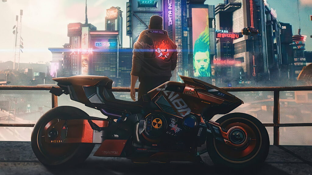Roaming the Futuristic City - Cyberpunk 2077 Motorcycle Ride in Stunning 4K Wallpaper