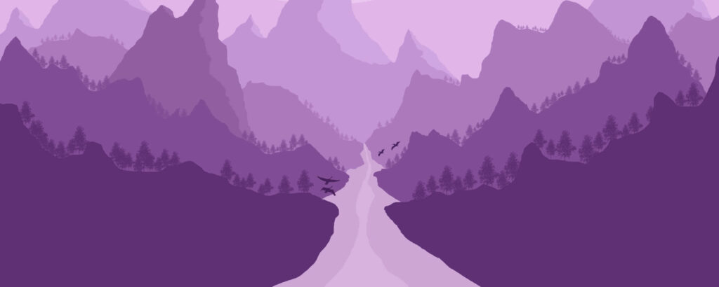 Purple Majesty: Minimalist Dual Monitor with Stunning Mountain Background Wallpaper