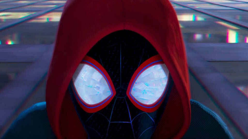 Dynamic Close-Up of Spider-Man Miles Morales in Black Suit in Futuristic Neon-lit Setting - Wallpaper for Fans