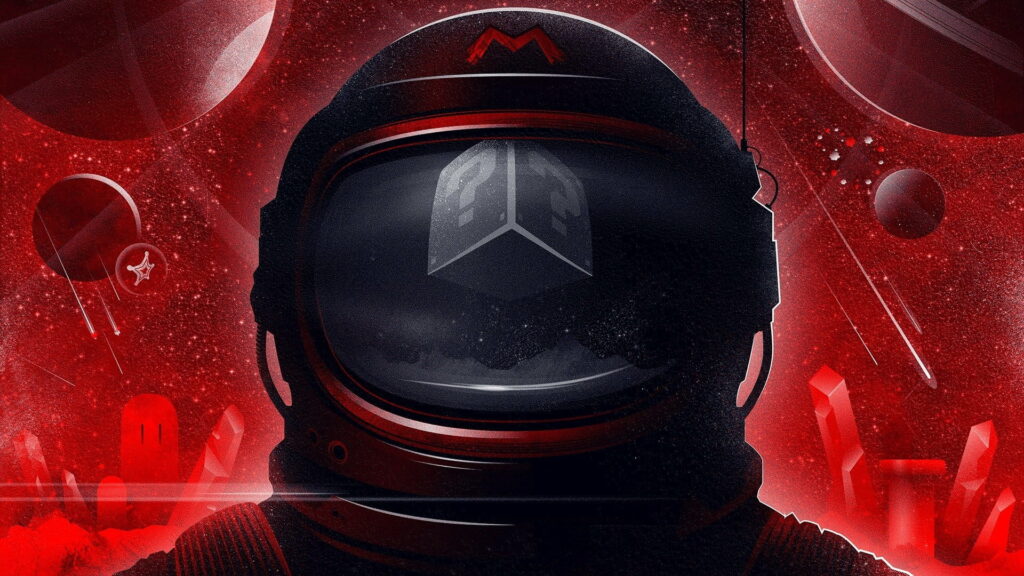 Exploring the Crimson Cosmos: A Scintillating Sci-fi Wallpaper Featuring an Astronaut Amidst Planets in a Vibrant Red Galaxy