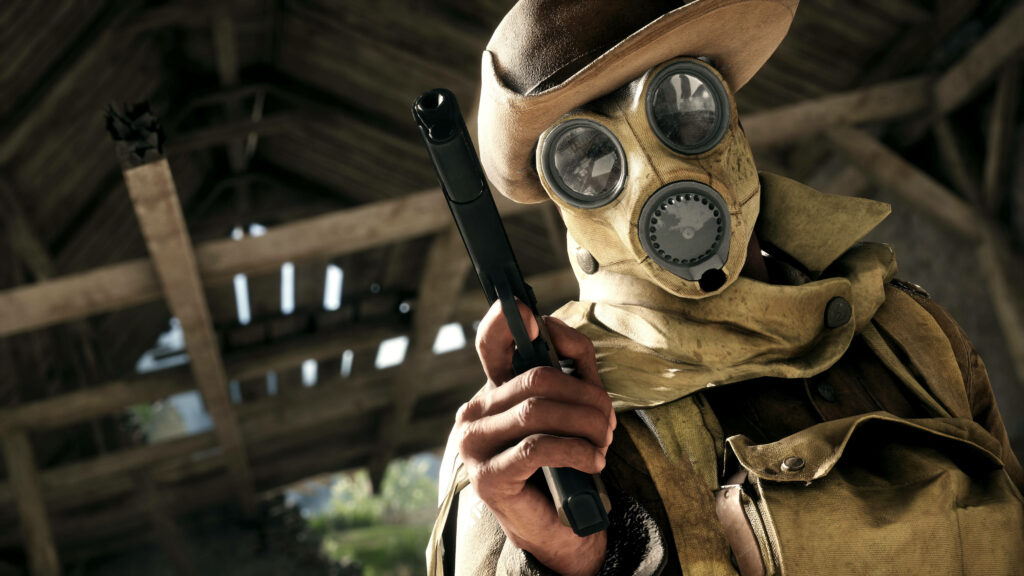 Battlefield 1 soldier in gas mask with bolt-action rifle - gritty war scene background image Wallpaper