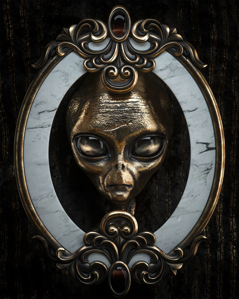 Intricate 3D Alien Head Wallpaper in Ornate Metallic Frame