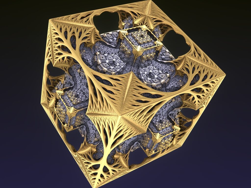 Intricate 3D Fractal Wallpaper: Golden Lattice & Silvery Grid Design