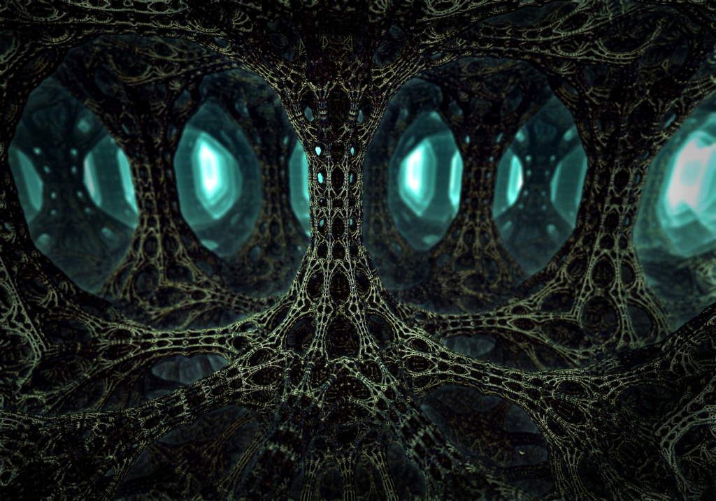 Intricate 3D Organic Lattice Wallpaper with Glowing Blue Depth