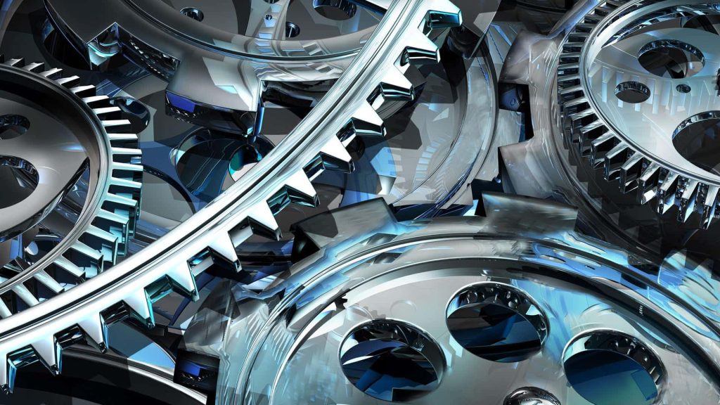 3D CGI metal gears wallpaper with polished chrome cogs and blue reflections industrial design