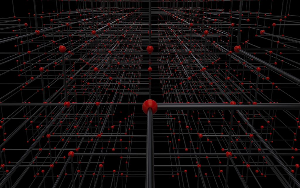 Intricate 3D Network Wallpaper: Red Nodes on Dark Background (3840x2400)