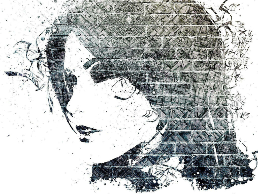 Intricate Black and White Artwork: Women's Face Amid Patterns Wallpaper