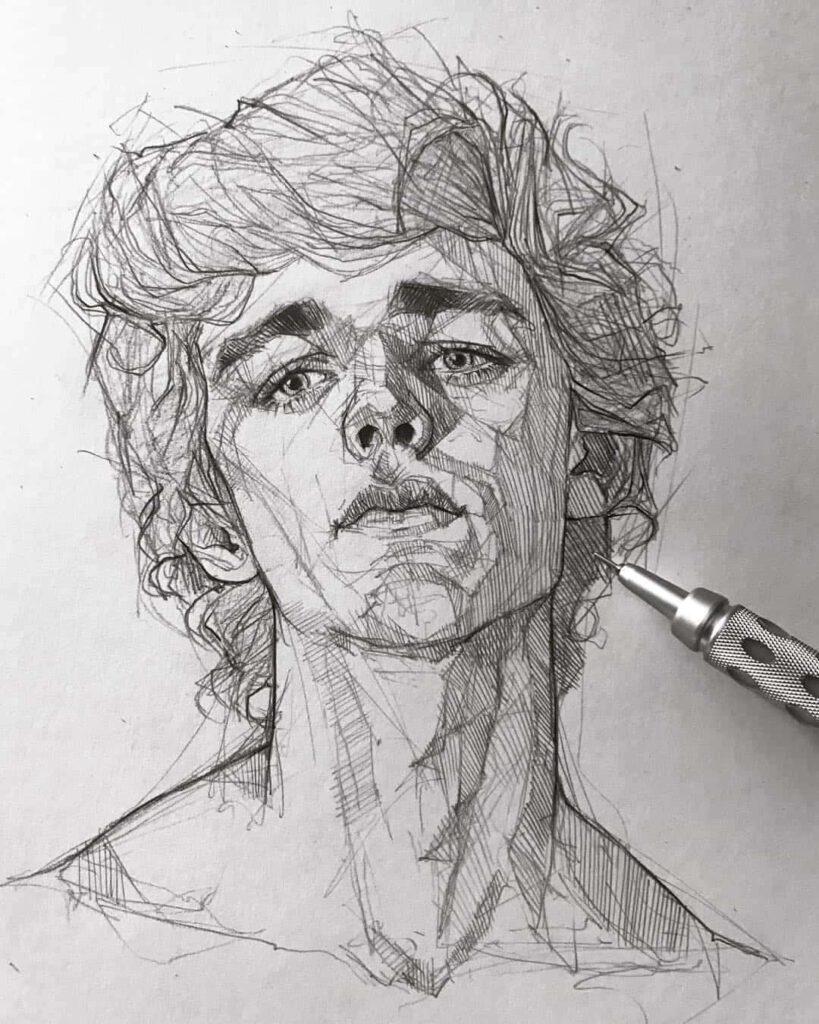 Intricate Male Figure Sketch Wallpaper: Pencil Art & Expressive Design
