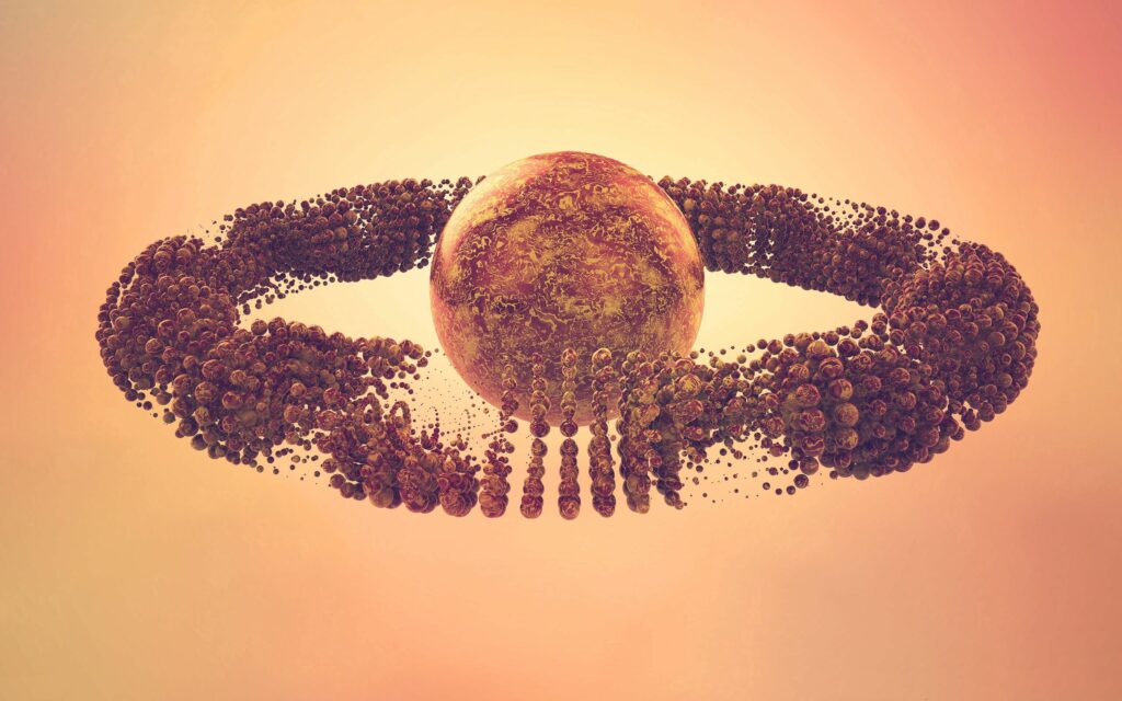 Abstract 2560x1600 Wallpaper: Textured Sphere & Orbiting Particles