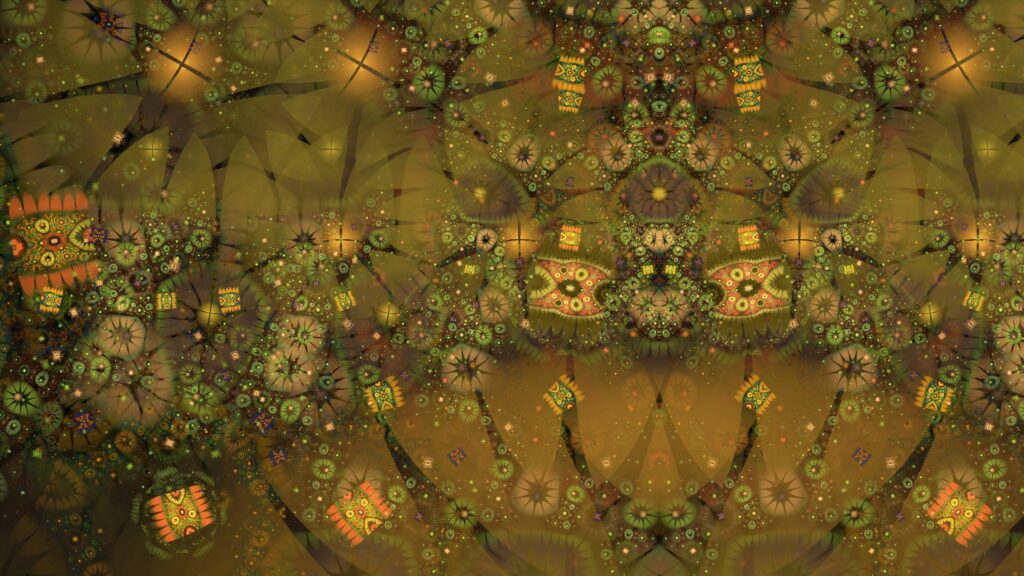 Intricate Kaleidoscopic Abstract Wallpaper in Green & Yellow Tones