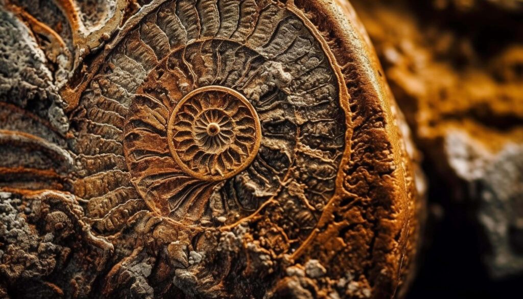 Closeup of ammonite fossil spiral patterns textured surface ancient prehistoric shell background Wallpaper