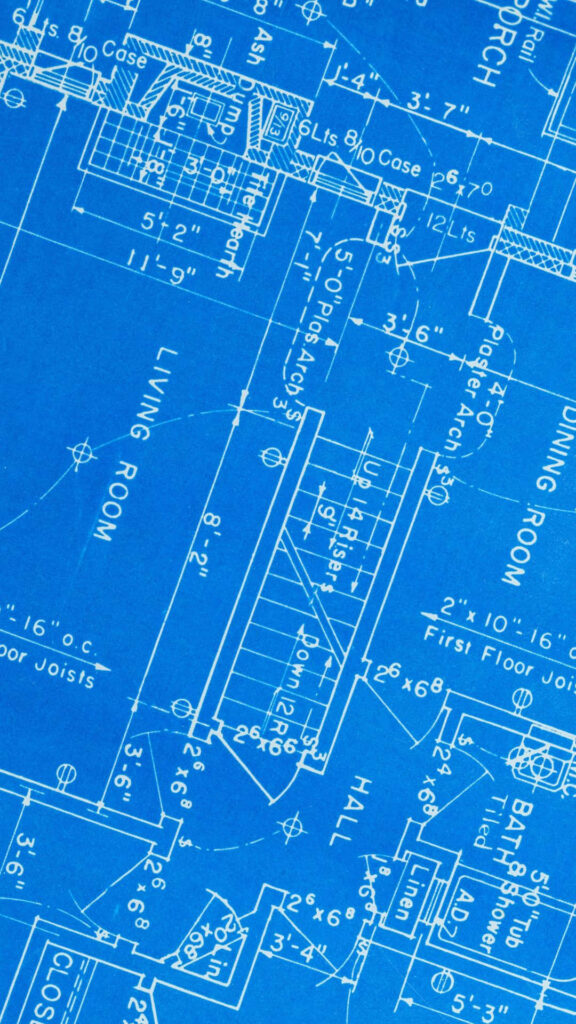 Detailed architectural blueprint wallpaper showcasing intricate floor plans and technical drawings
