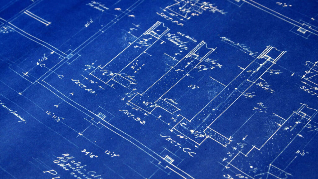 Detailed architectural blueprint wallpaper with technical drawings and precise measurements design