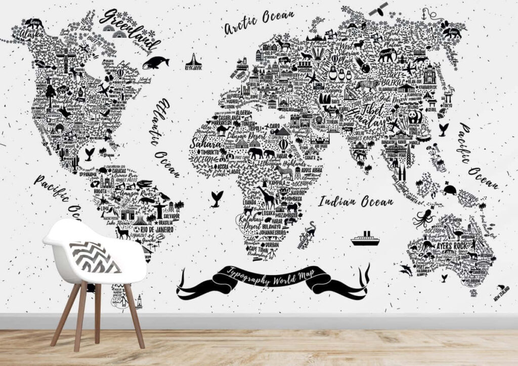 Intricate Black and White World Map Typography Art Wallpaper