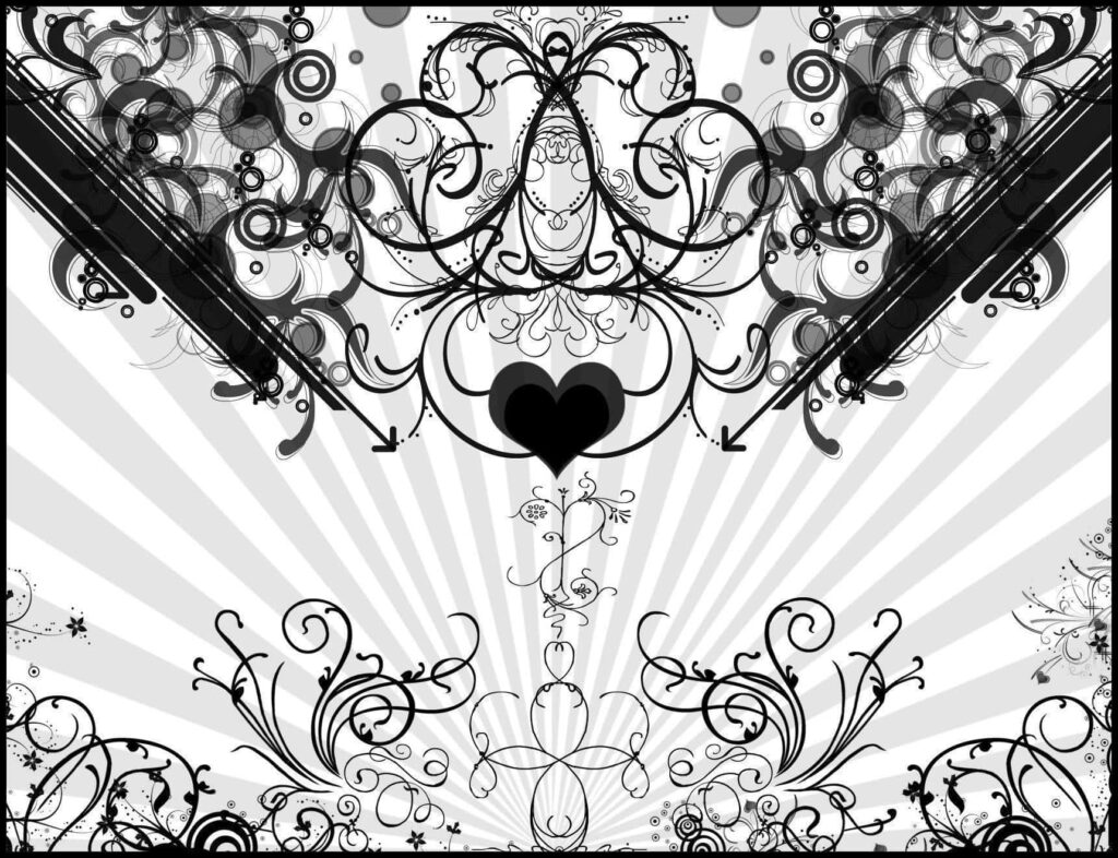 Intricate Black & White Floral Wallpaper with Heart Design