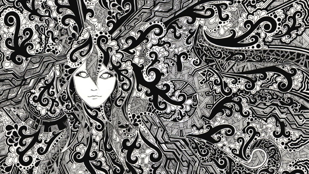 Intricate Black & White Psychedelic Face Wallpaper - Hypnotic Design