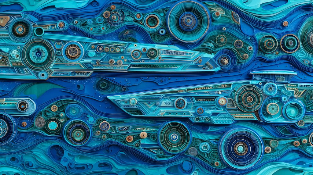 Intricate blue abstract wallpaper with bio-mechanical spaceship structures in deep cyan tones