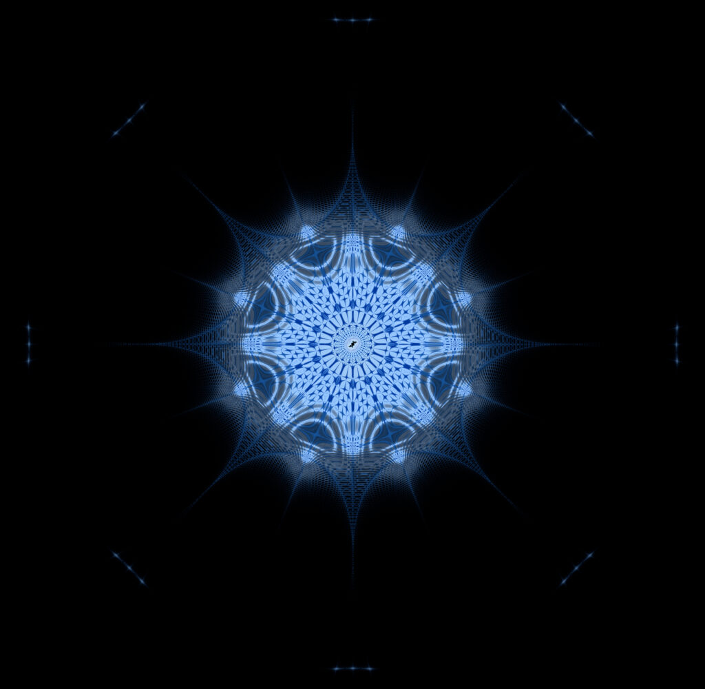 Intricate Blue Fractal Kaleidoscope Wallpaper on Dark Background
