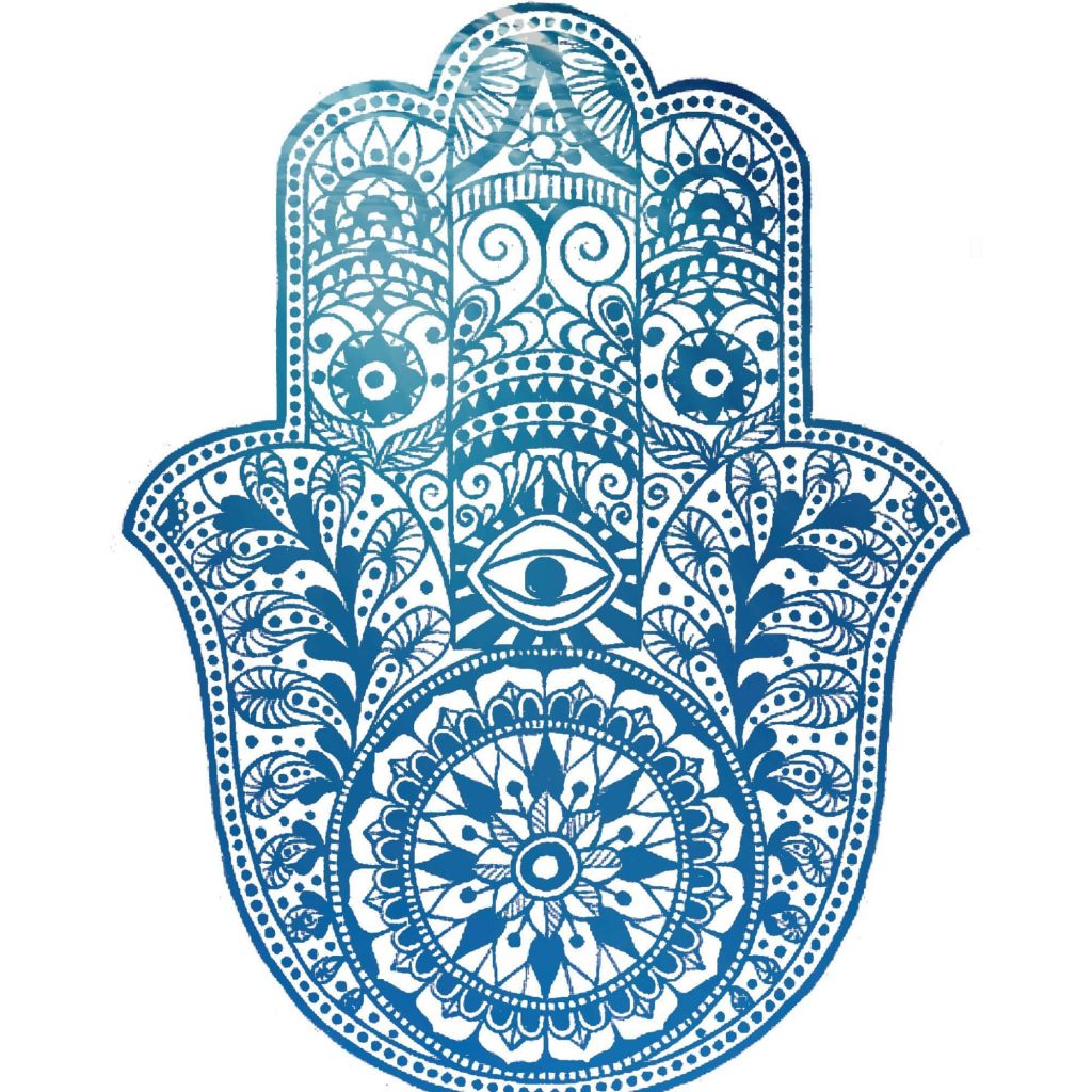 Intricate Hamsa Hand with deep blue mandala and protective eye spiritual wallpaper design