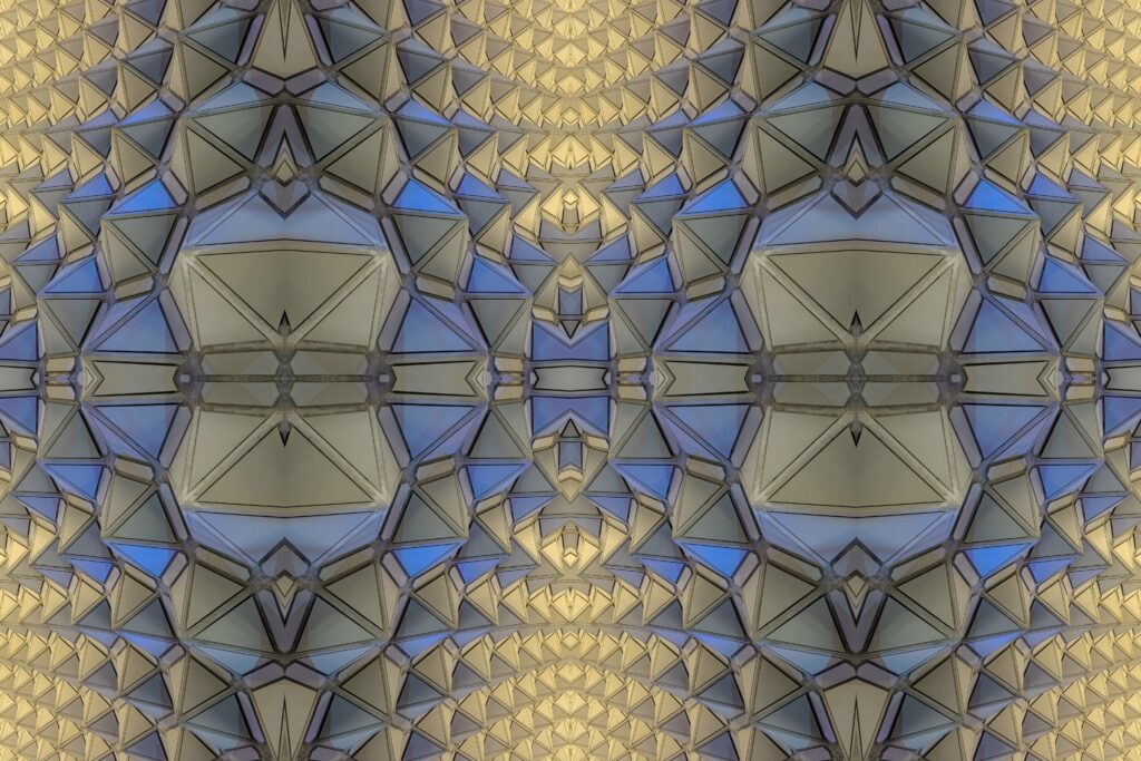 Intricate Kaleidoscopic Wallpaper: Blue & Beige Geometric Design