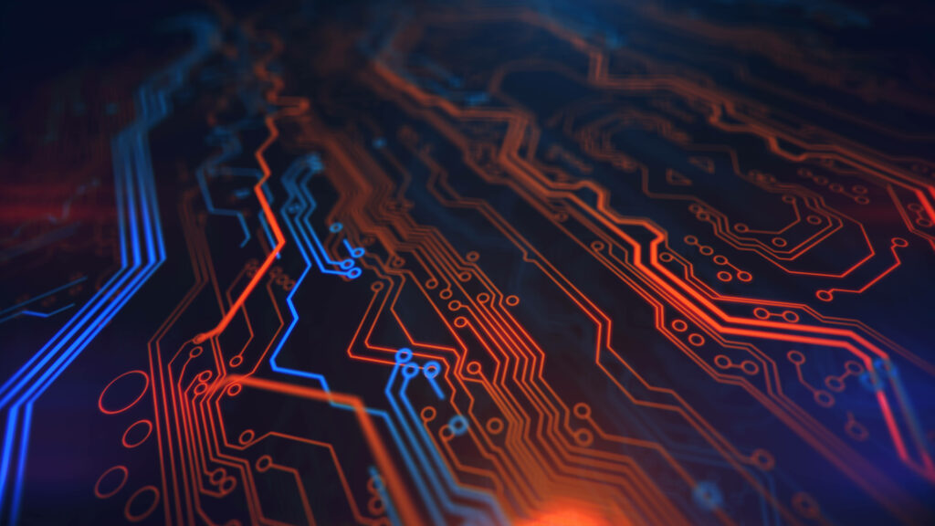 Futuristic Circuit Board Wallpaper: Red & Blue Tech Design Background