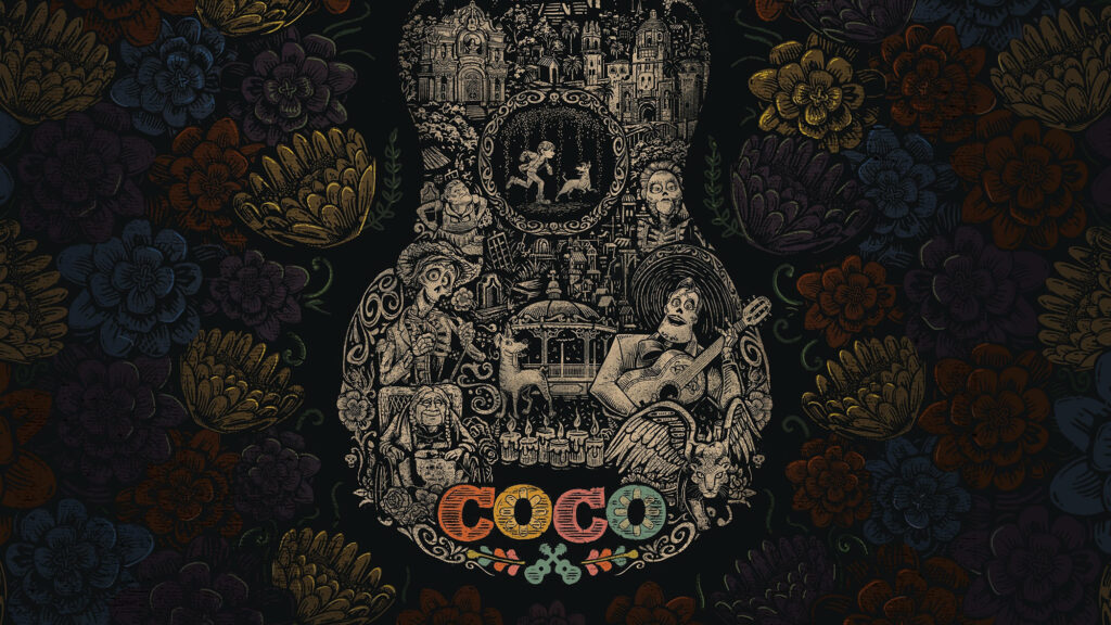Vibrant Floral Guitar Wallpaper: Coco-Inspired Digital Art Design