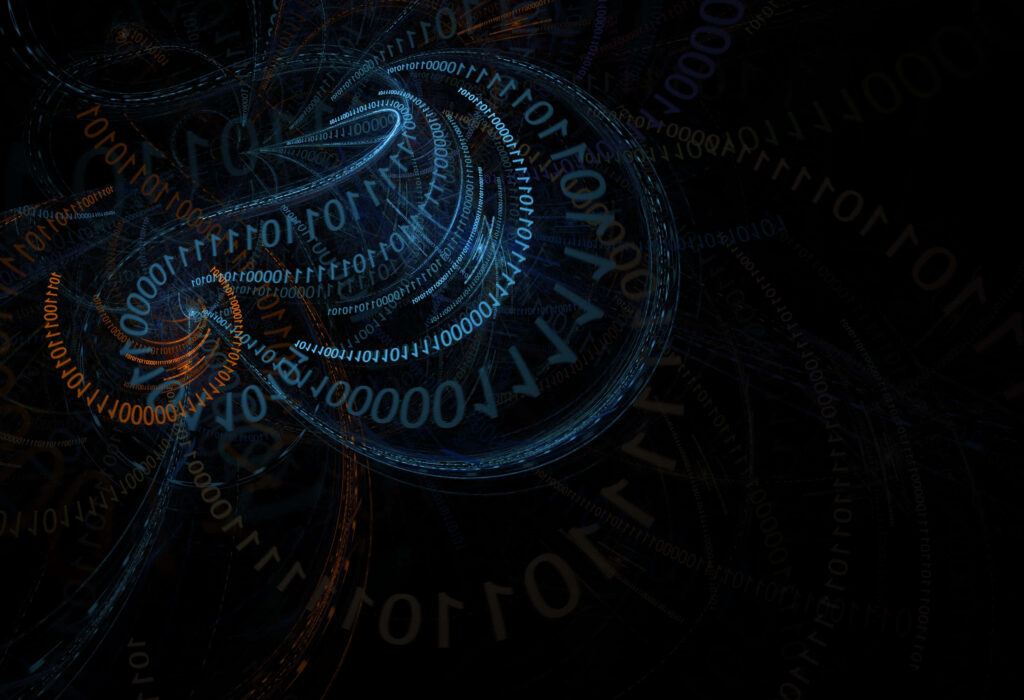 Intricate Cybernetic Wallpaper: Glowing Blue & Orange Binary Art