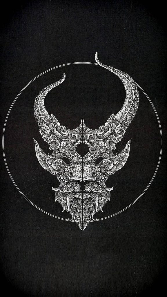 Detailed dark devil head illustration with ornate white filigree on black gothic background wallpaper