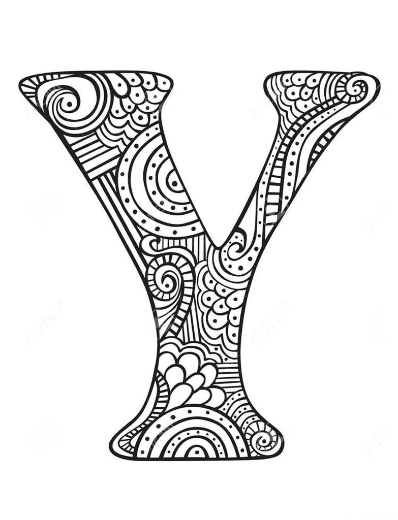 Intricate black and white Doodle Letter Y wallpaper with Zentangle swirls and geometric patterns