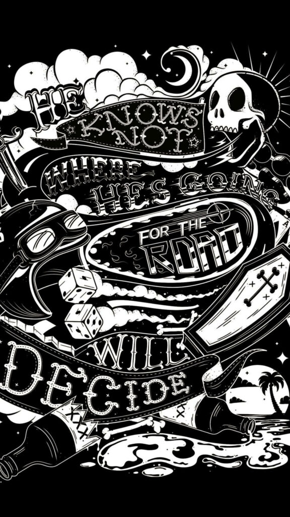 Intricate Emo Black & White Wallpaper with Skull and Nautical Design