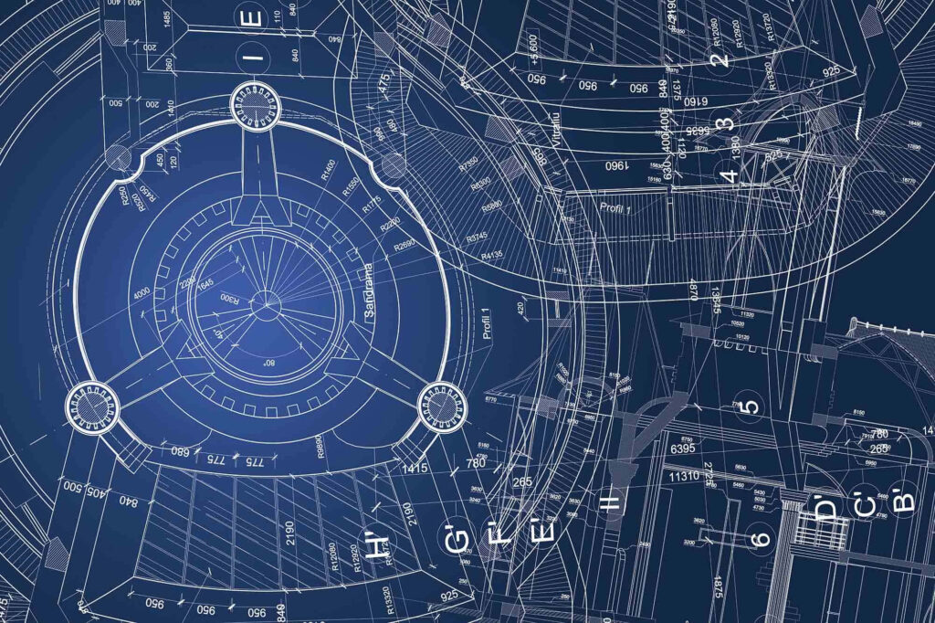 Detailed engineering blueprint wallpaper with intricate technical drawings on dark blue background