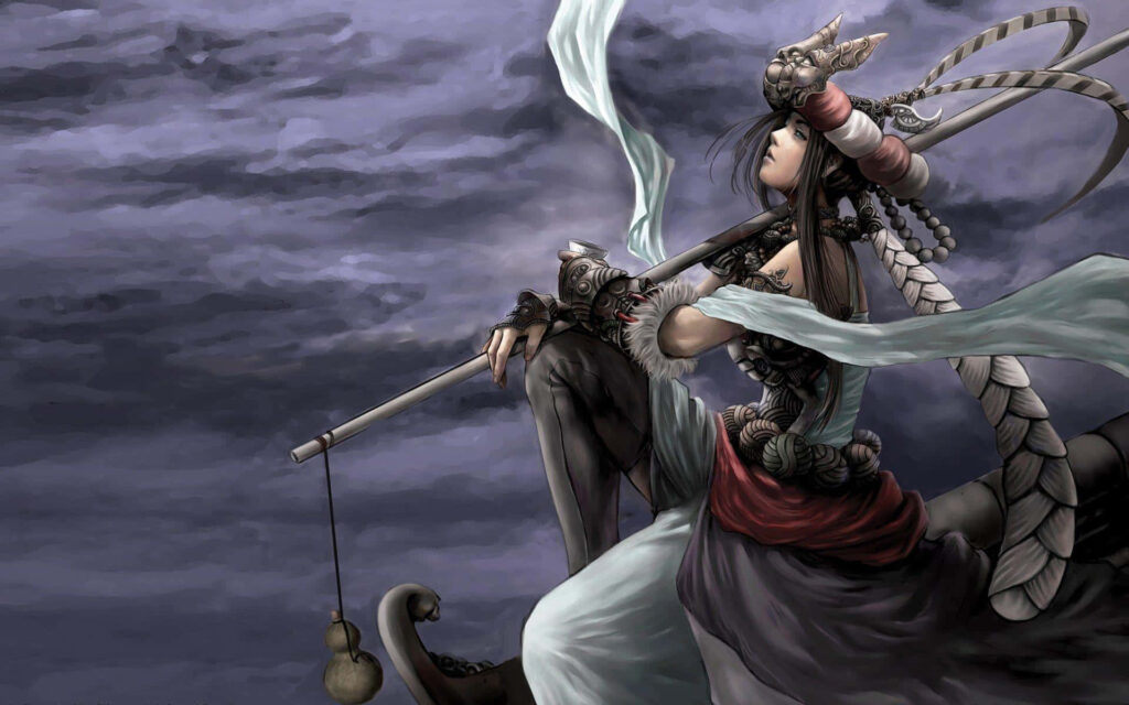 Fantasy Character Wallpaper: Mystical Art Against Dramatic Sky