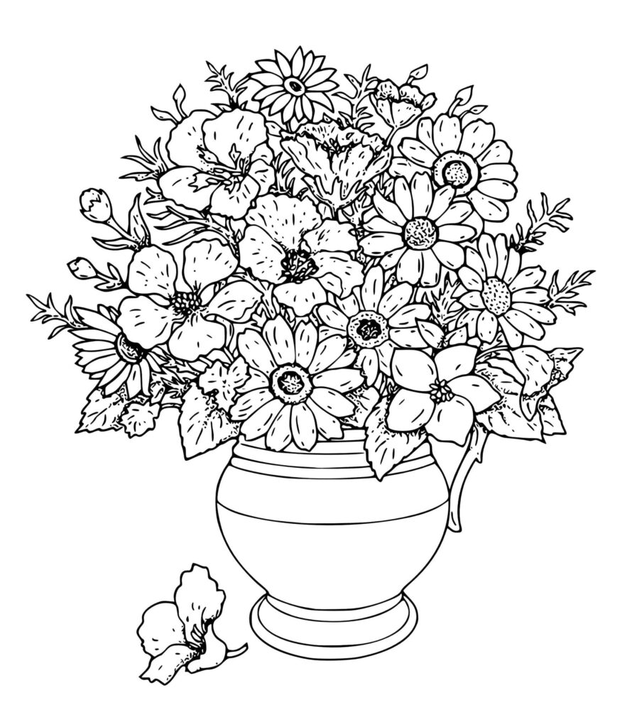 Intricate Floral Coloring Page Wallpaper: Vase of Blooming Flowers