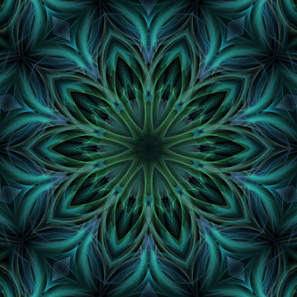 Intricate Fractal Wallpaper: Kaleidoscopic Flower Design in Green & Blue