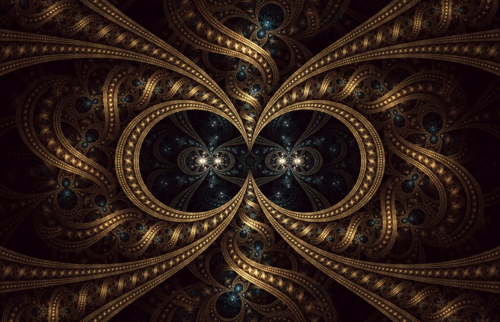 Intricate Fractal Wallpaper with Golden Spirals on Dark Background