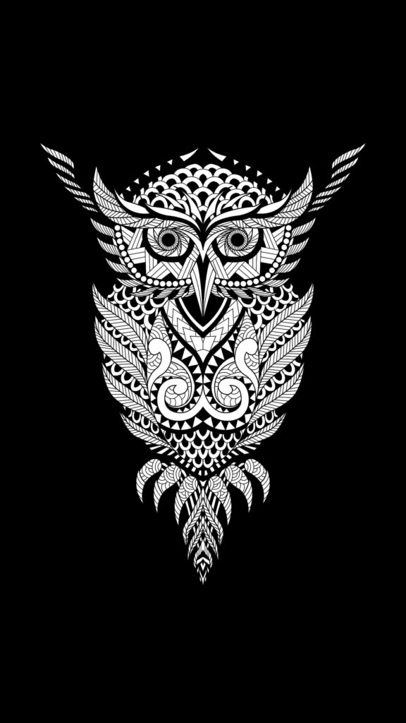 Geometric Owl Wallpaper: Bold Tattoo-Style Design on Black Background