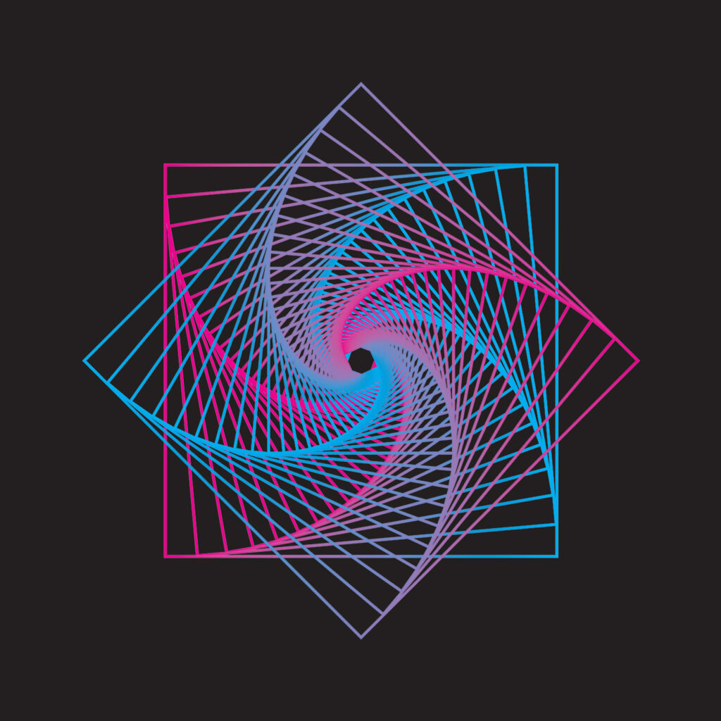 Intricate Geometric Wallpaper: Pink to Blue Spiral on Black Background