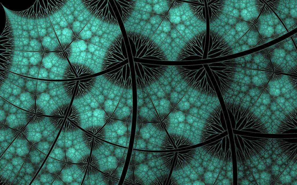 Intricate Geometric Wallpaper: Turquoise & Black Cellular Network