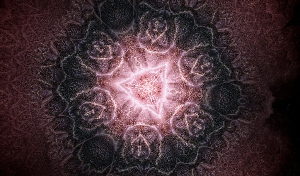 Intricate Abstract Wallpaper with Glowing Triangle and Kaleidoscope Design