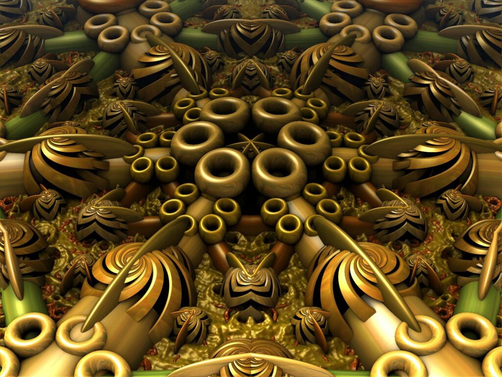 Gold and Green Fractal Wallpaper: Intricate 3D Abstract Design