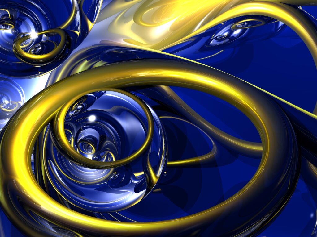 Swirling Gold & Blue Ribbons: Dynamic Abstract Wallpaper Background