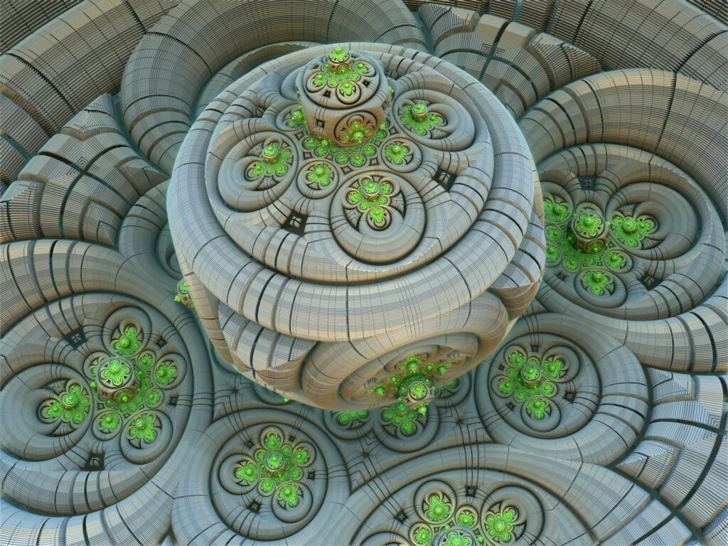 Intricate Grey & Green Fractal Wallpaper with 3D Circular Patterns